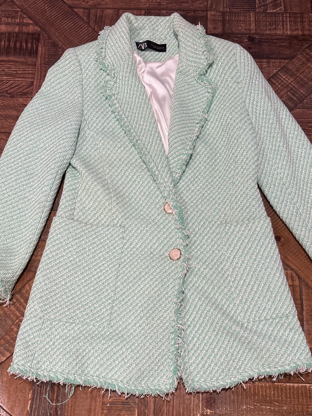 ZARA WOMAN GREEN/WHITE TEXTURED COAT JACKET WITH FRAYED EDGE SIZE M